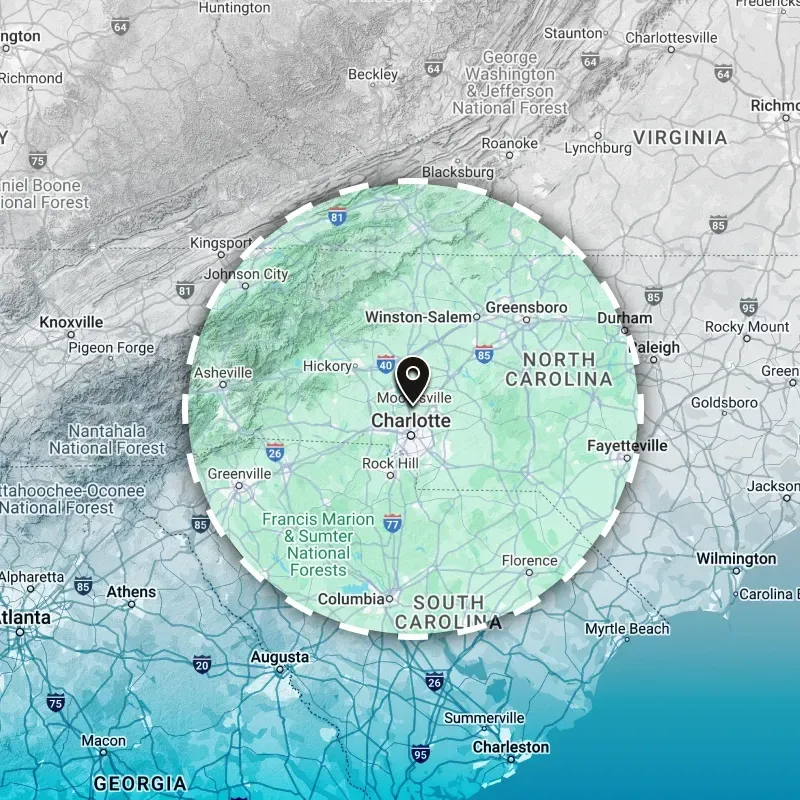 Map of Charlotte, NC and surrounding area, with a circular area highlighted.