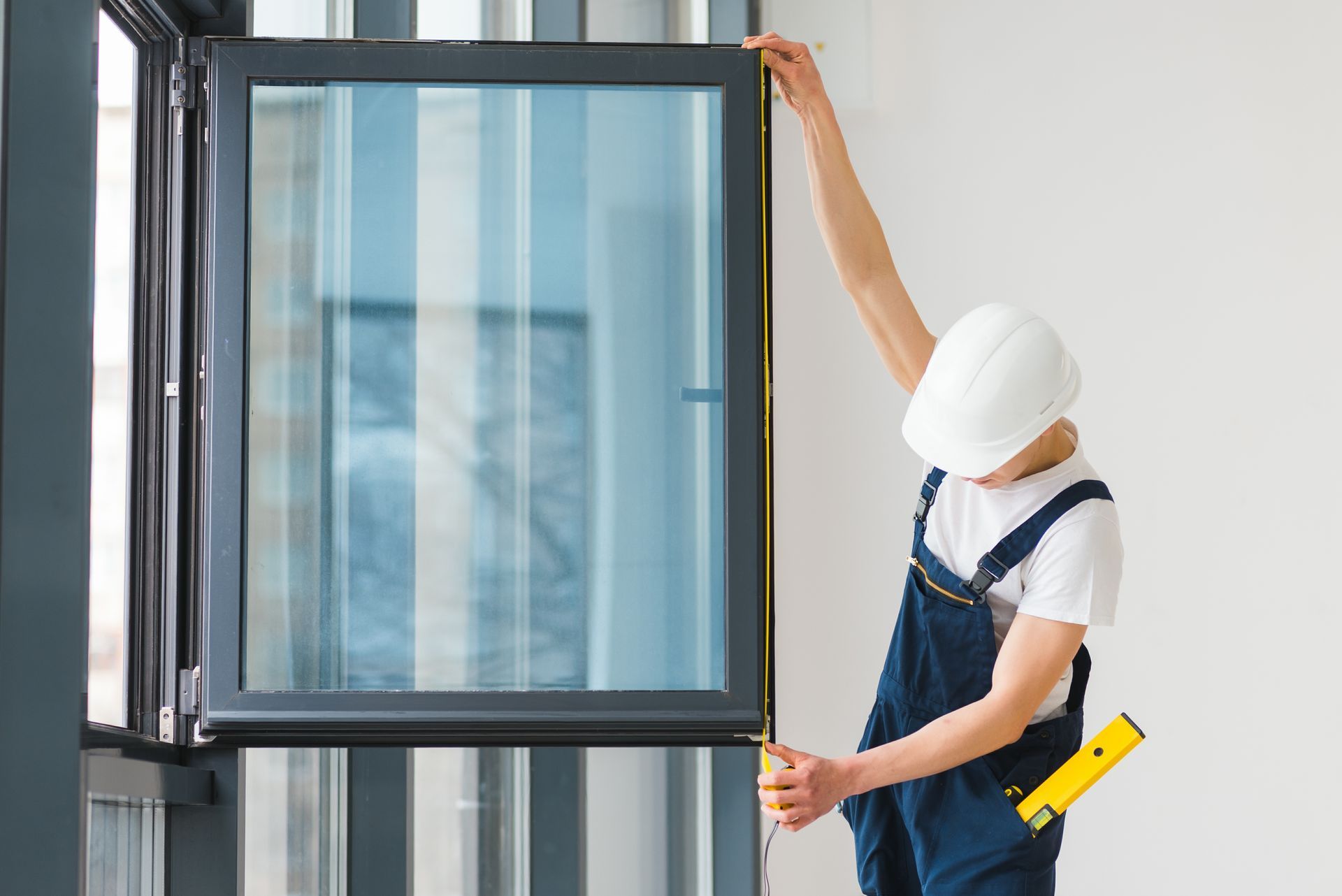 Person in overalls and hard hat measuring a window for installation.