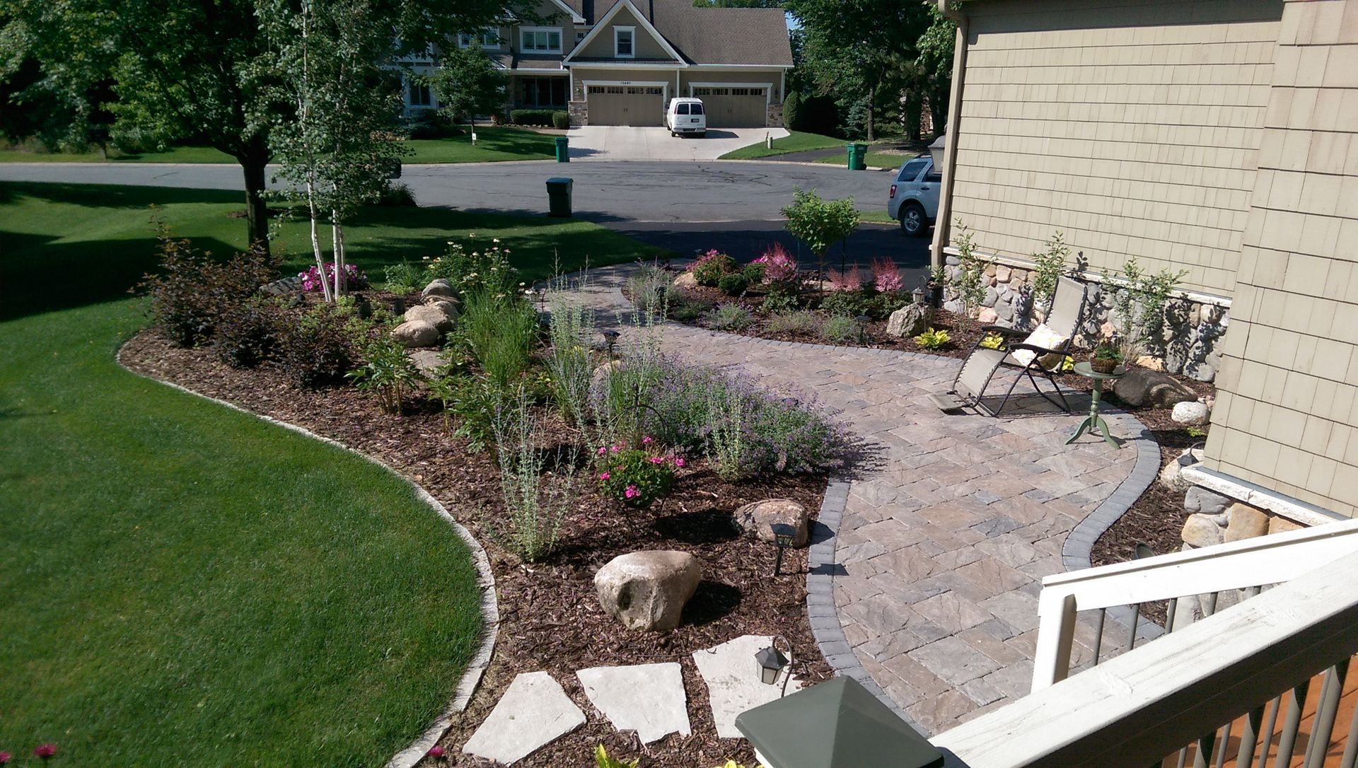 Paver Patio Walkway | Natural Stone Steppers | Accent Boulders | Mulch Garden