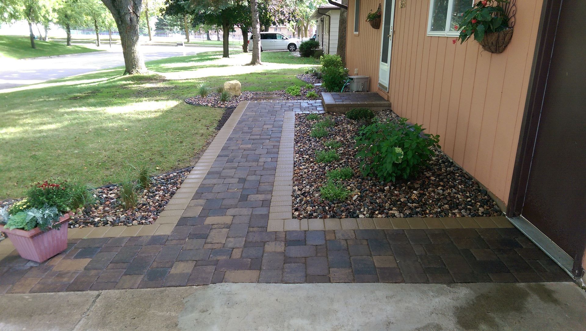 Paver Patio Walkway | Rock Mulch 