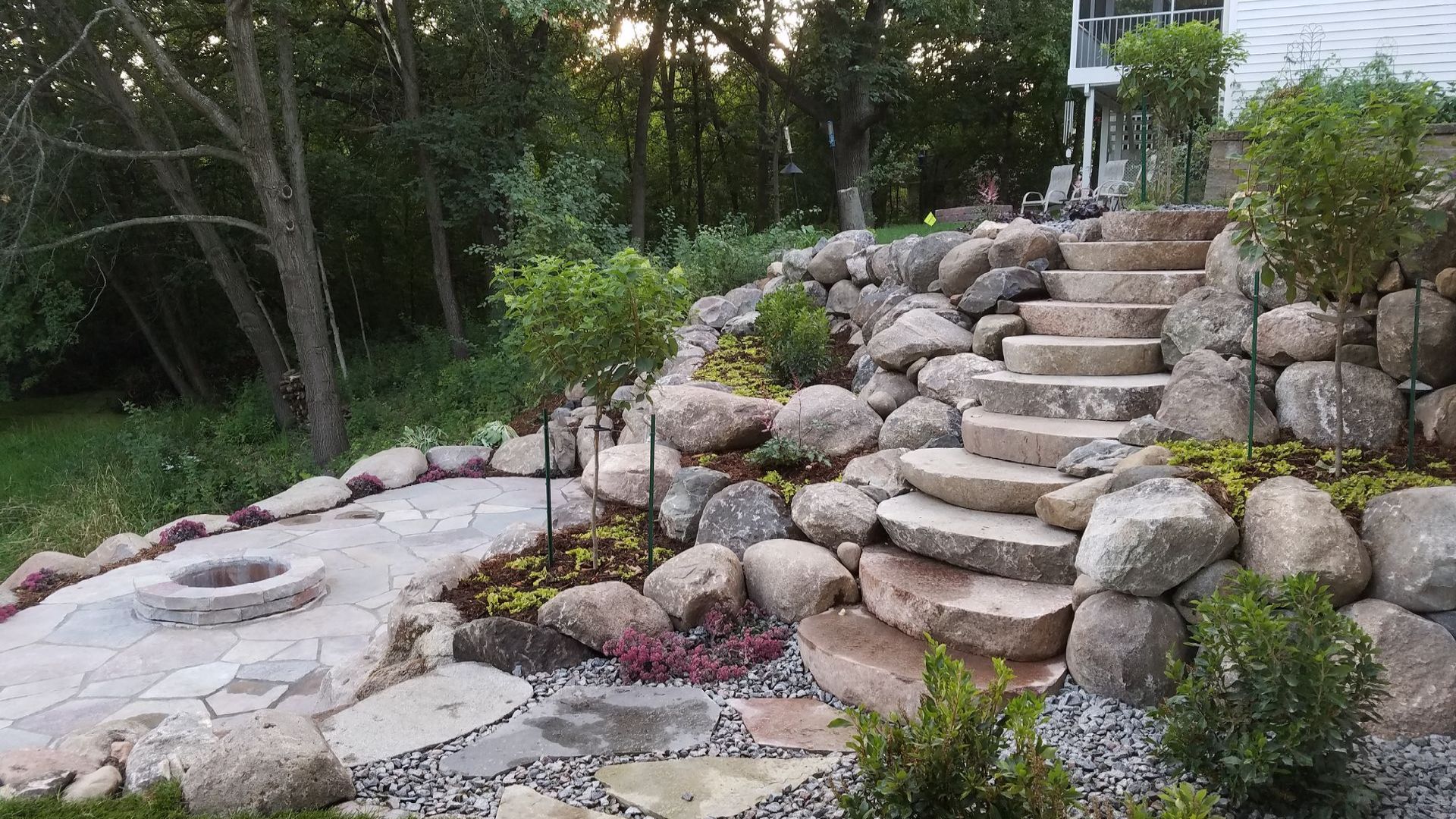 Natural Stone Steps | Natural Stone Stepper Patio | Boulder Retaining Wall