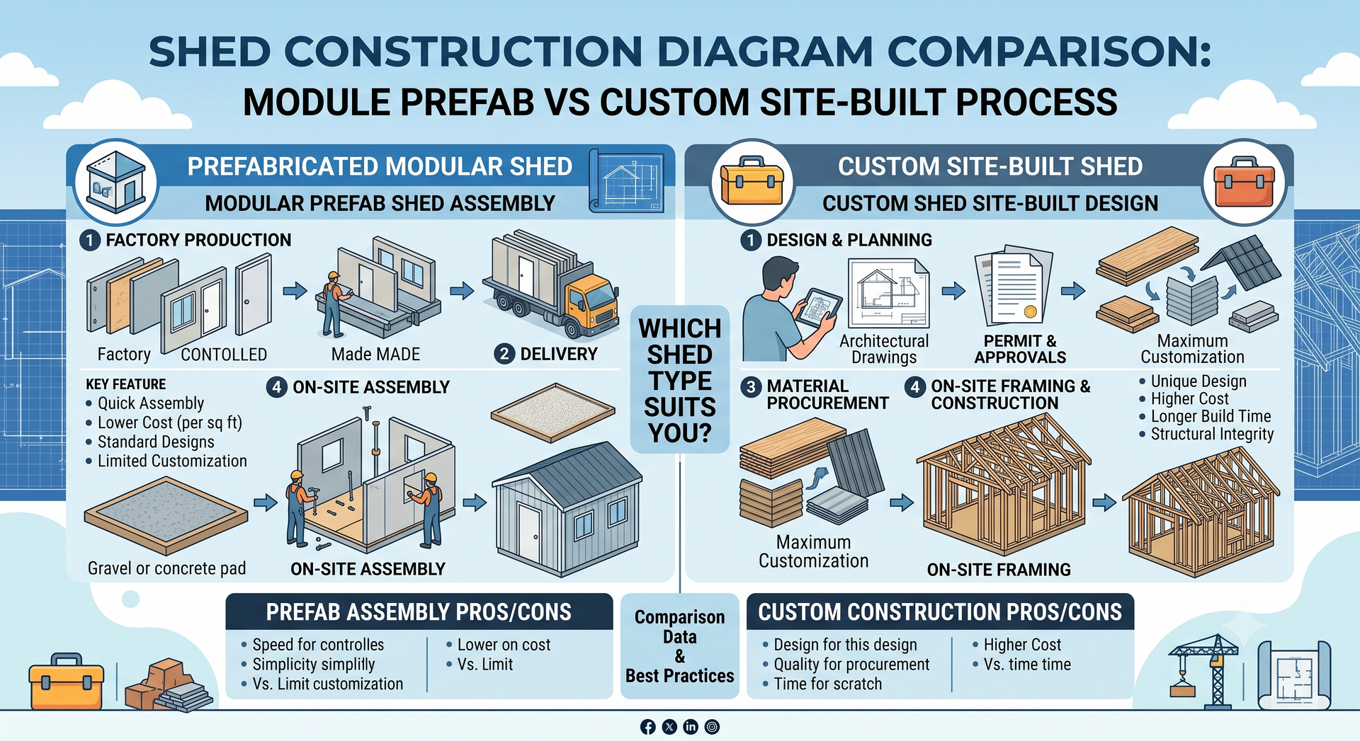 shed design options prefab vs custom process