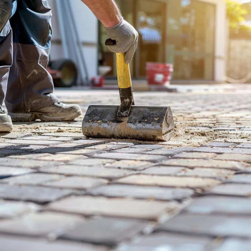 A construction worker uses a heavy tool to tamp down and level freshly laid stone pavers on a pathway.