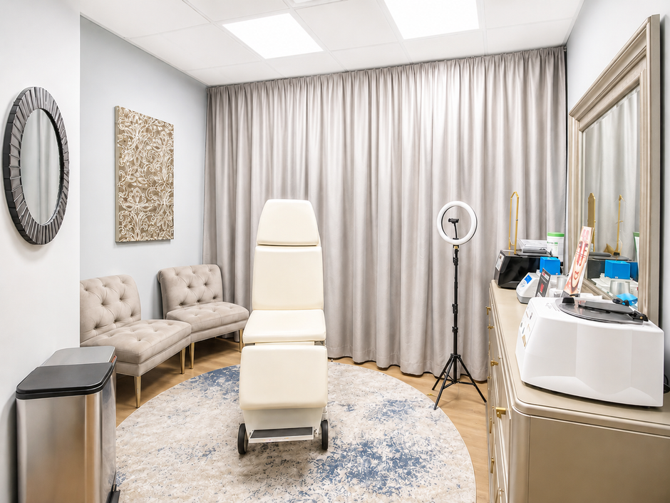 Bright spa treatment room with massage table, cushioned chairs, and skincare equipment