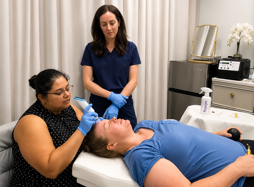 Beautician performing a facial treatment on a man while another woman assists in a spa room