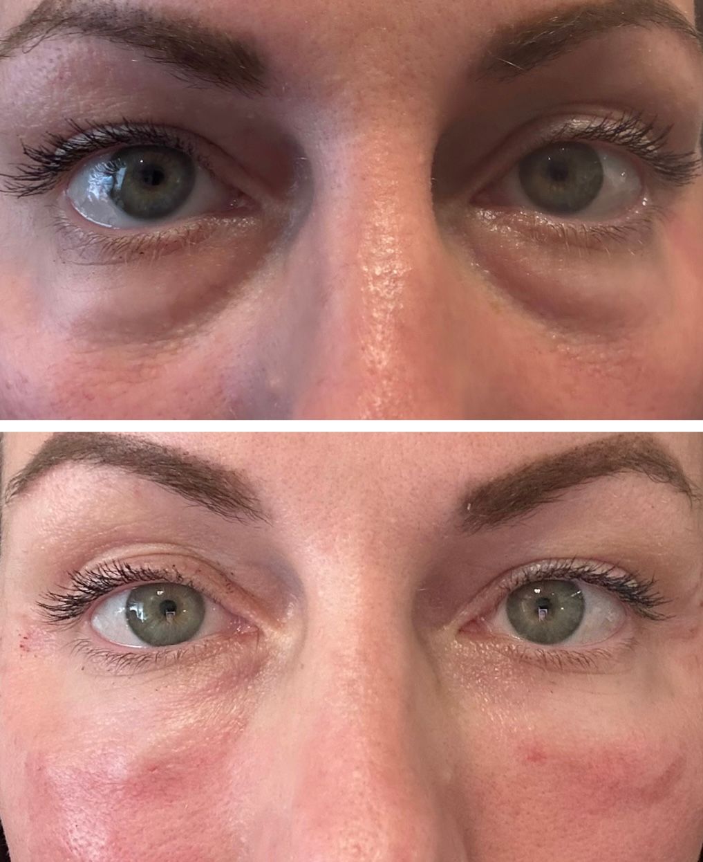 Close-up of two eye regions, one with a blue iris and one with a green iris, shown before and after makeup.
