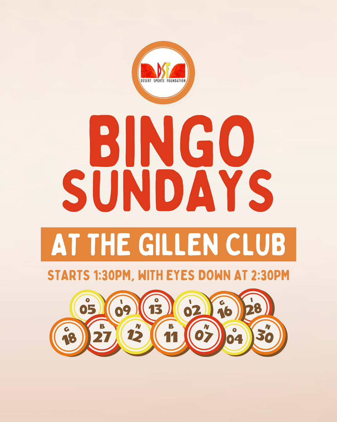 Flyer for Bingo Sundays at The Gillen Club. Starts at 1:30pm with eyes down at 2:30pm, featuring stylized bingo balls.