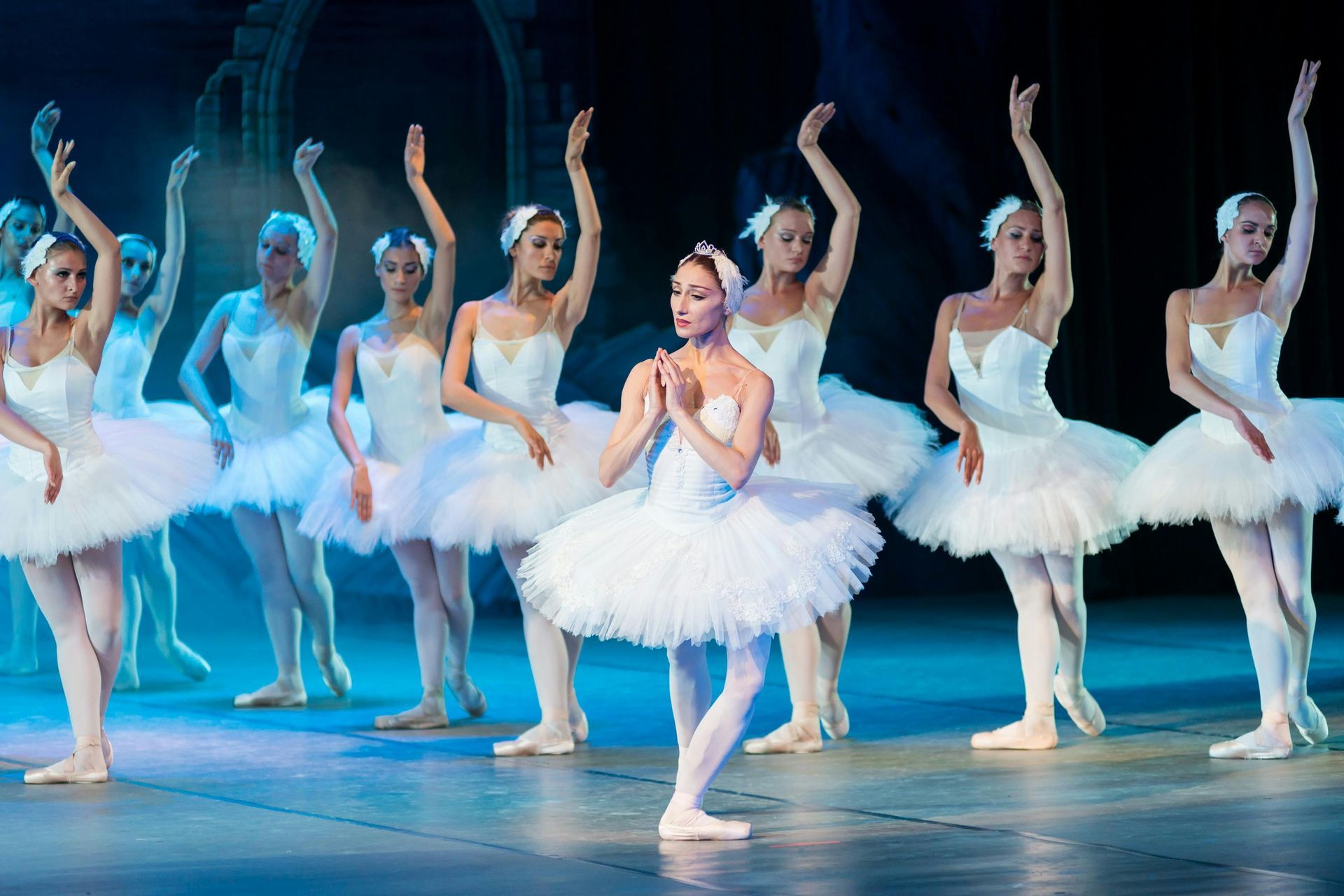 A line of ballet dancers in white tutus perform on stage, with a central dancer poised with hands clasped.