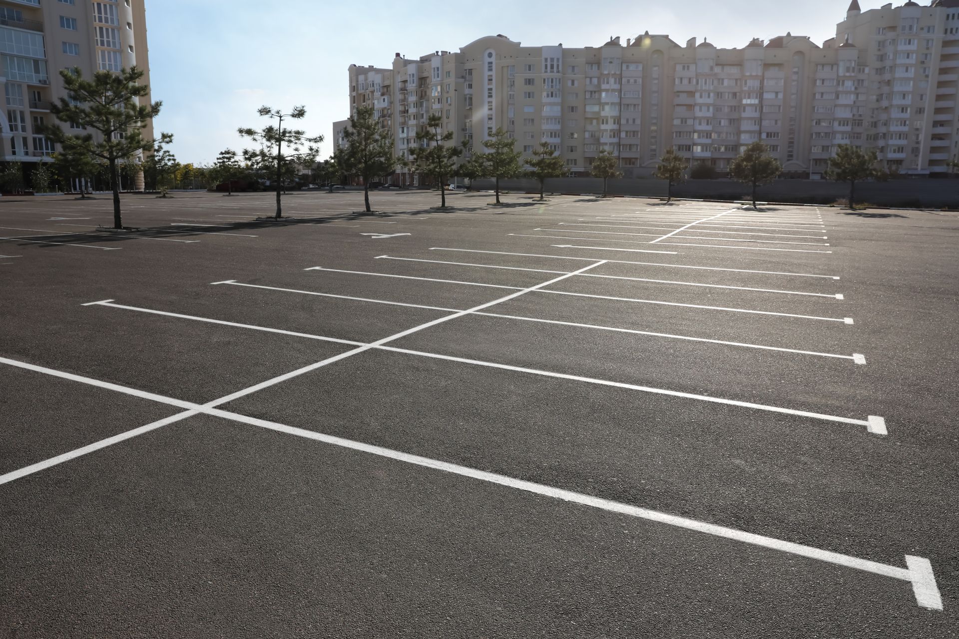 Outdoor car parking lot with clean white line markings.