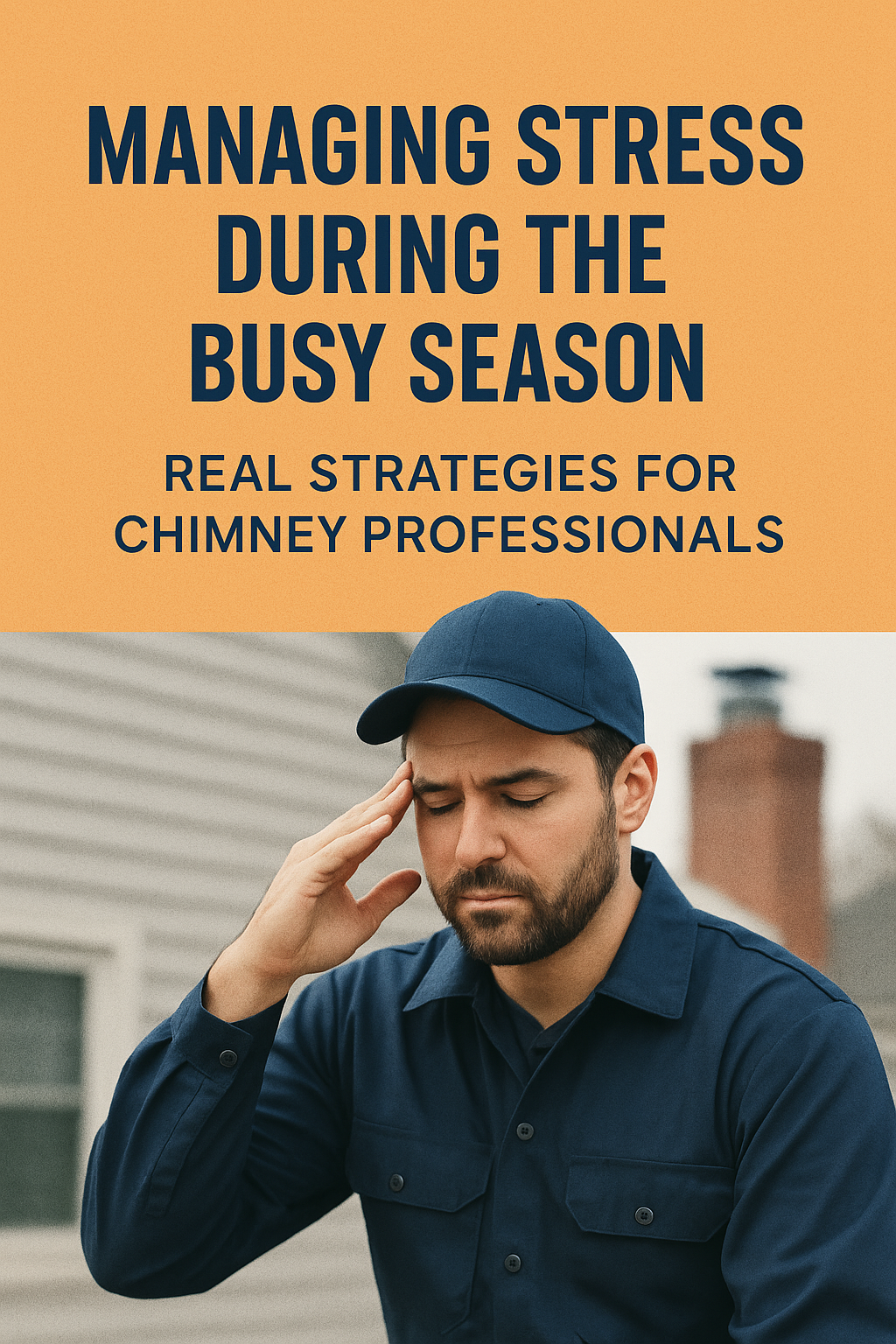 Chimney professional holding his temple under bold text: Managing Stress During the Busy Season Chimney professional holding his temple under bold text: Managing Stress During the Busy Season