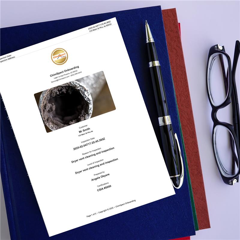 A pen is sitting on top of a ChimSpect report next to a pair of glasses. A pen is sitting on top of a ChimSpect report next to a pair of glasses.
