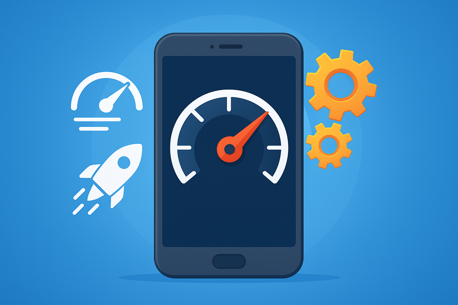 Smartphone speedometer icon with rocket and gears on blue background