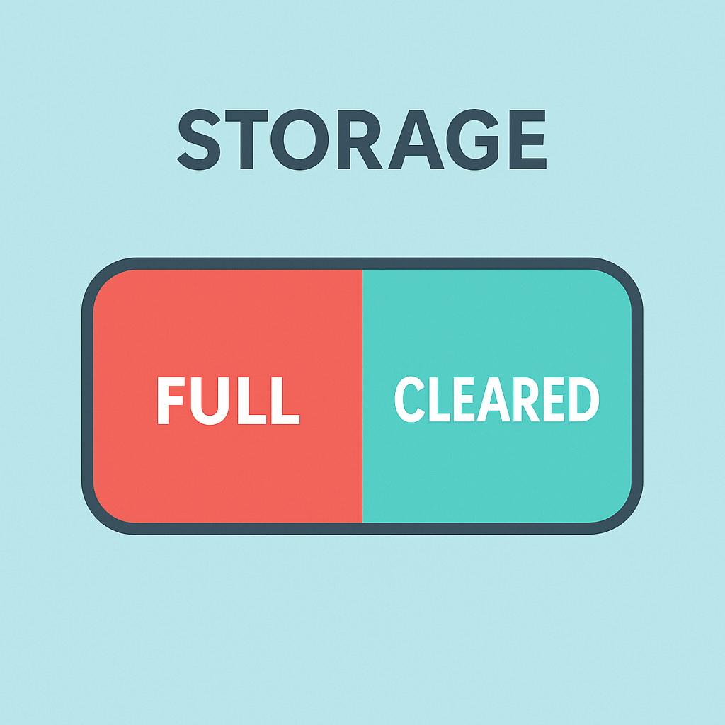 Storage toggle showing Full in red and Cleared in teal. Storage toggle showing Full in red and Cleared in teal.