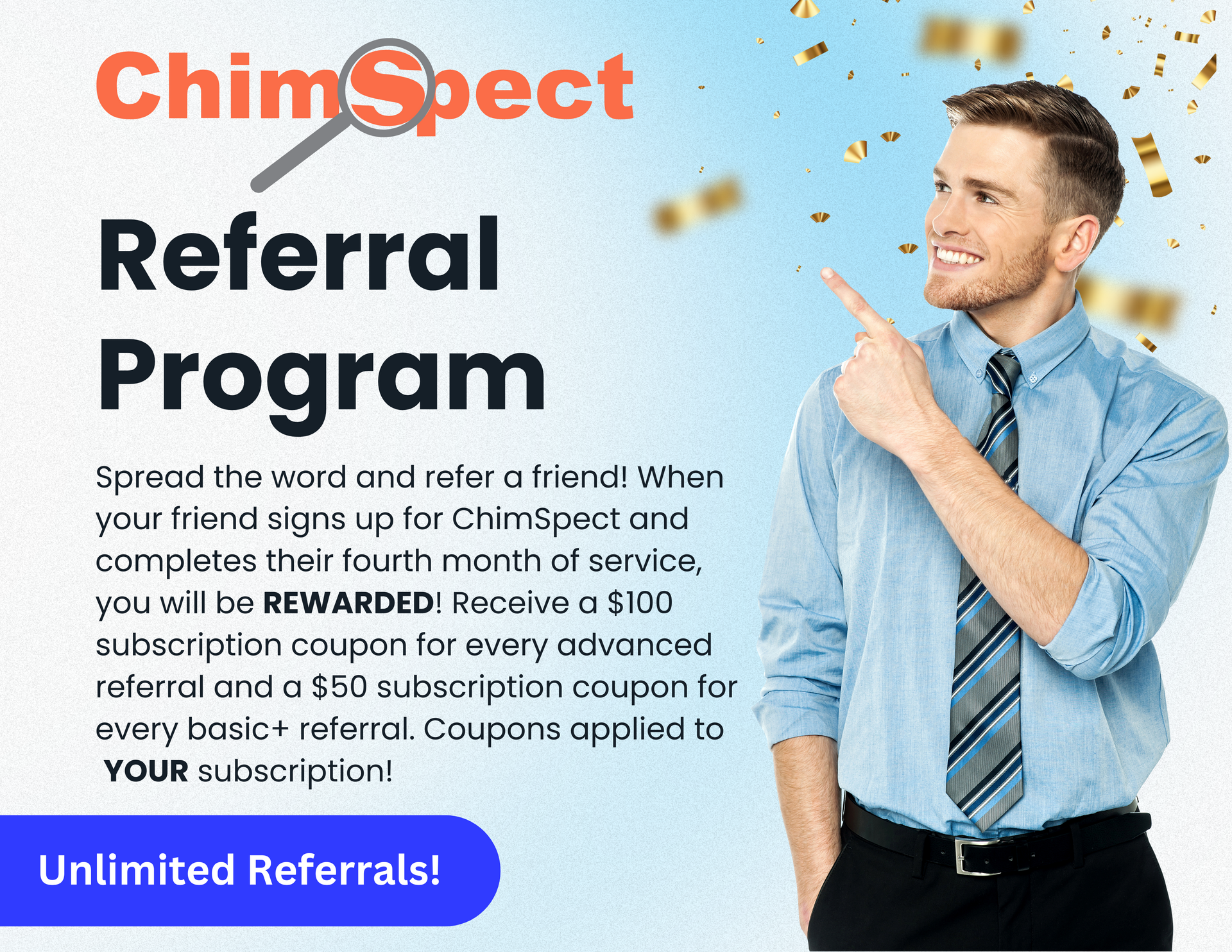 ChimSpect Referral Program banner with man holding money and text promoting unlimited referrals and rewards