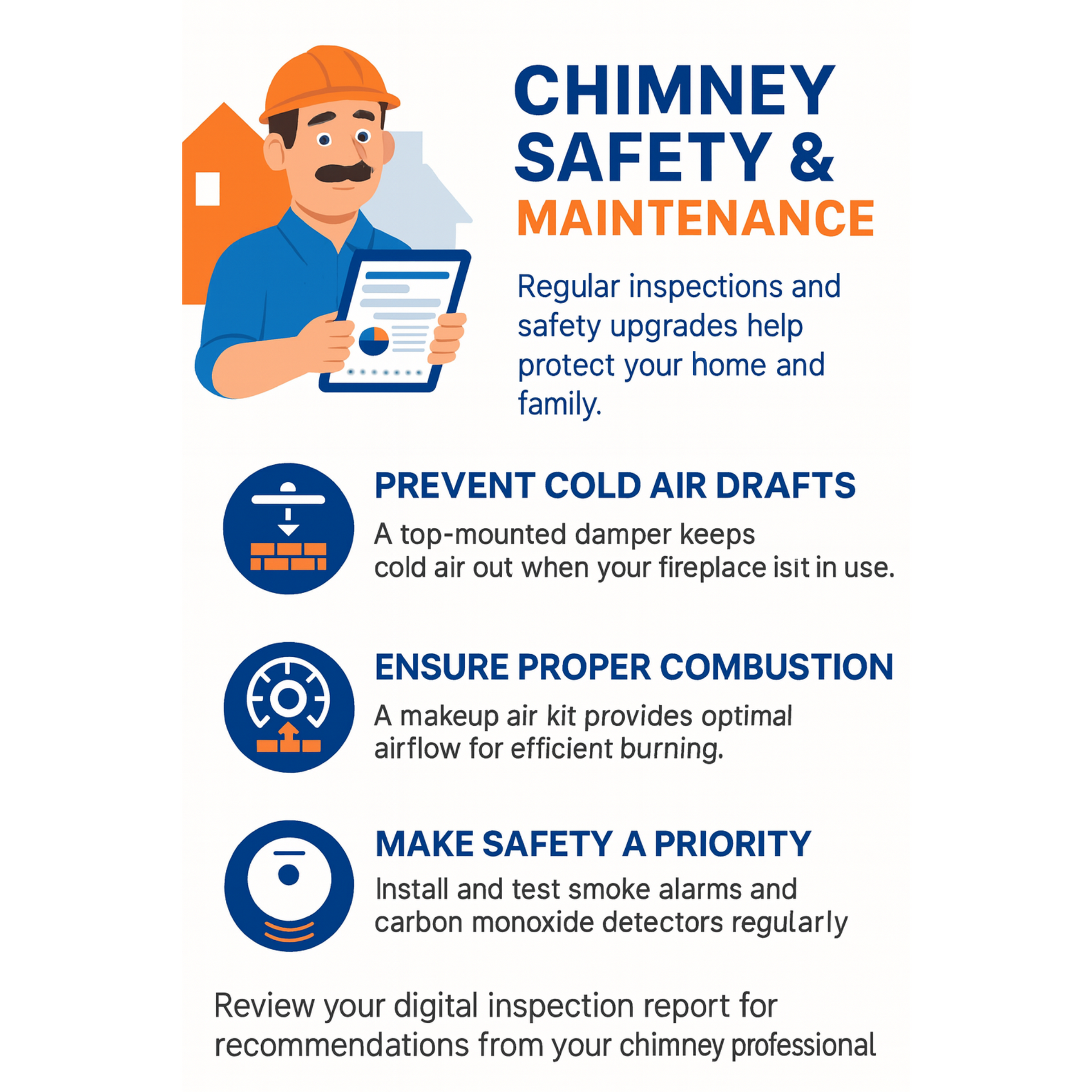 Chimney safety and maintenance flyer with a technician illustration and tips for drafts, combustion, and safety checks