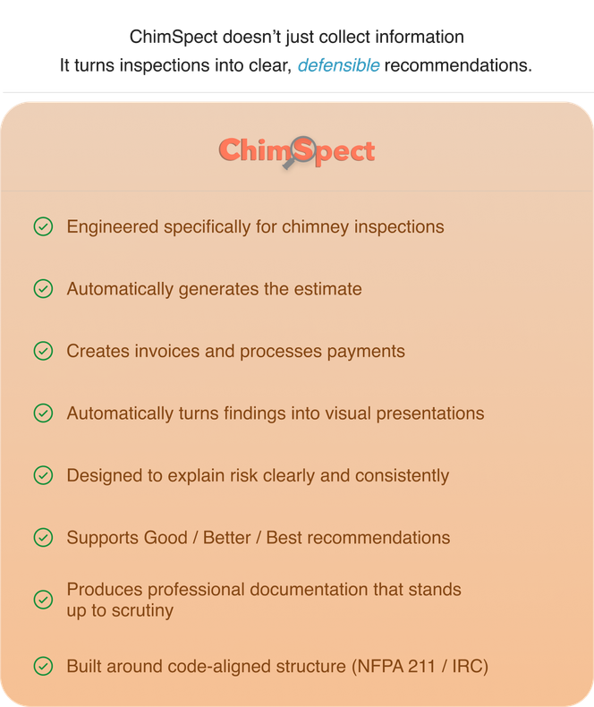 Orange ChimSpect advertisement listing software features for chimney inspections, using green checkmarks.