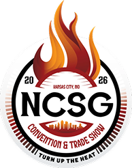 NCSG Convention & Trade Show logo: Flames, skyline silhouette, black lettering on a circular badge, 
