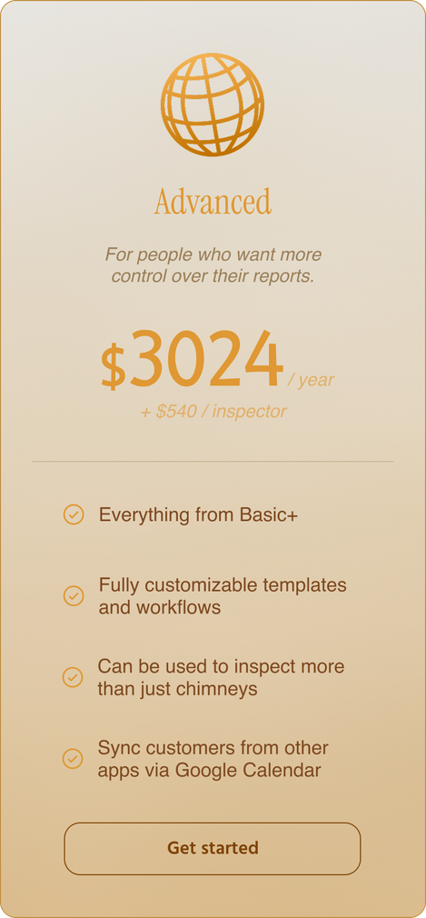 Advanced subscription plan with a globe icon, price $3024/annual, and features listed.
