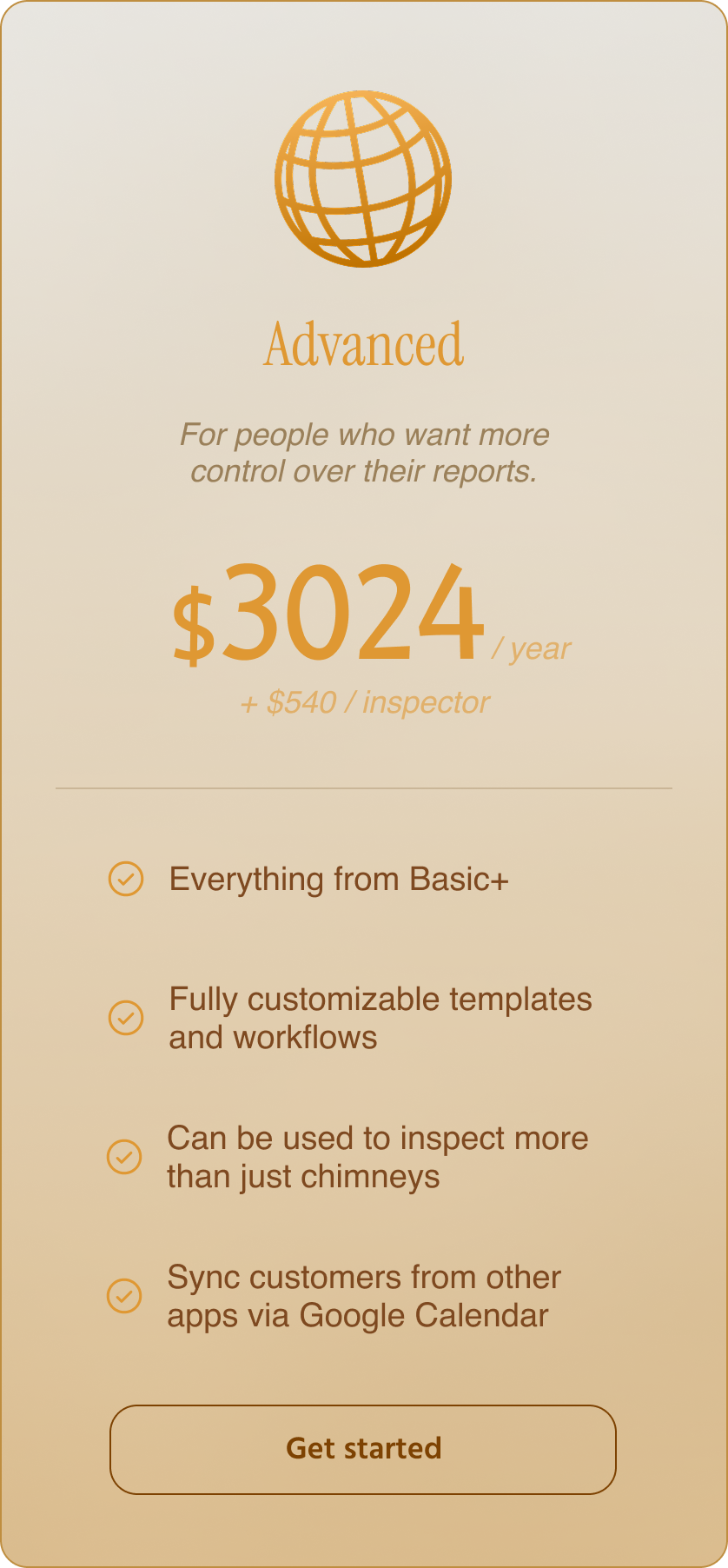 Advanced subscription plan with a globe icon, price $3024/annual, and features listed.