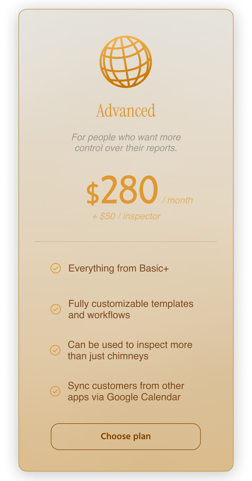 Advanced subscription plan with a globe icon, price $280/month, and features listed.