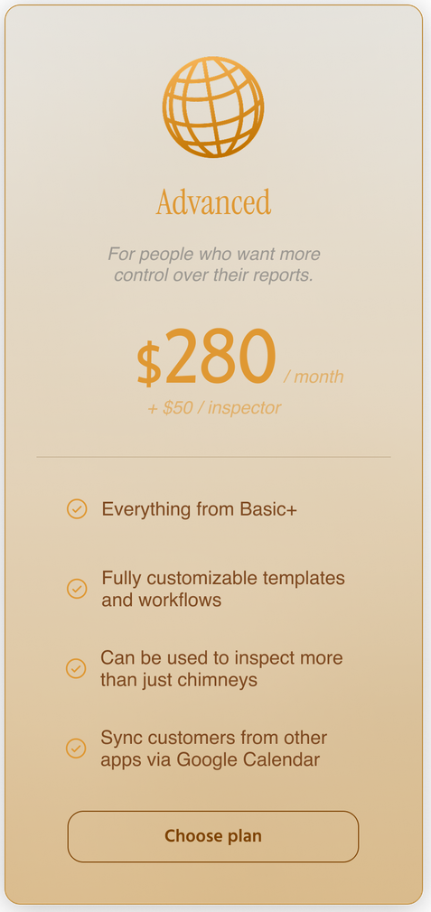 Advanced subscription plan with a globe icon, price $280/month, and features listed.