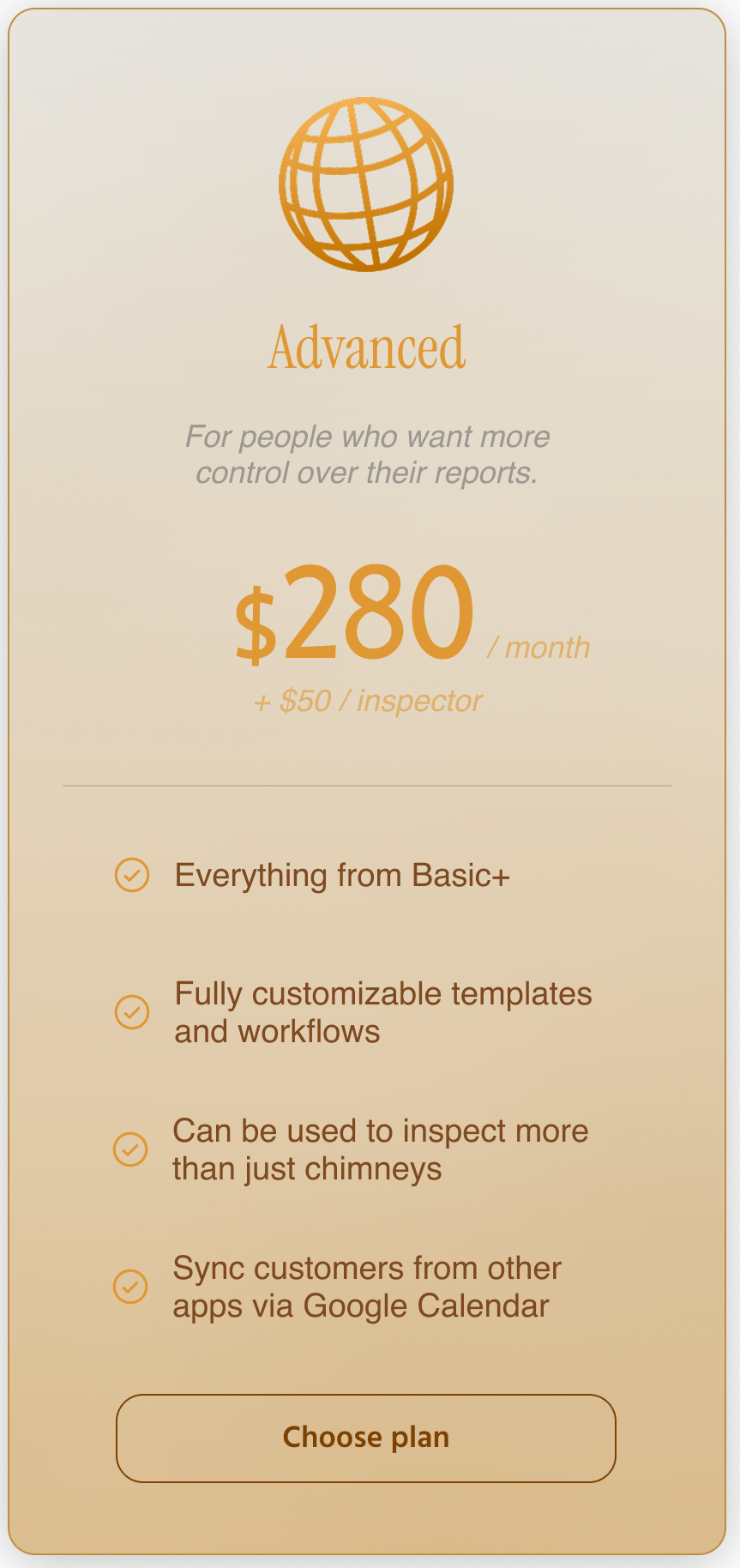 Advanced subscription plan with a globe icon, price $280/month, and features listed.