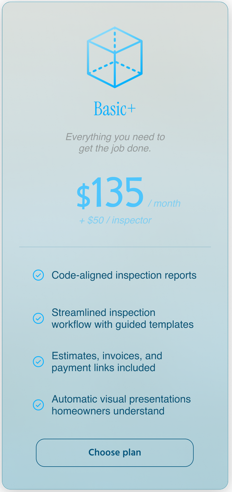 Pricing card for Basic+ plan: $135/month, features include code-aligned inspection reports and automated presentations.