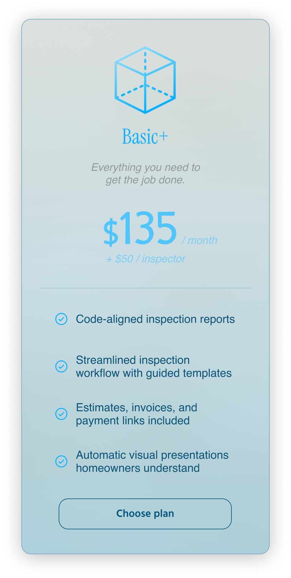 Pricing card for Basic+ plan: $135/month, features include code-aligned inspection reports and automated presentations.