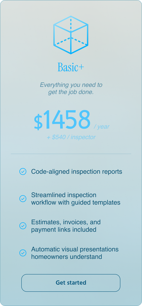 Pricing card for Basic+ plan: $1458/annual, features include code-aligned inspection reports and automated presentations.