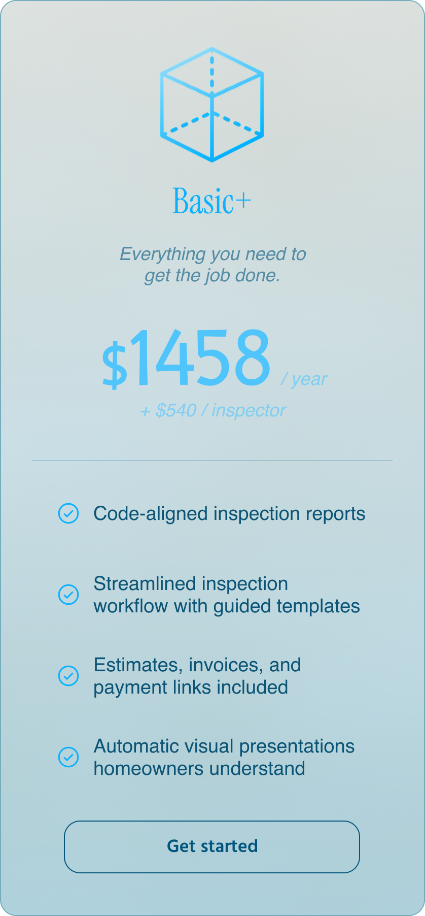 Pricing card for Basic+ plan: $1458/annual, features include code-aligned inspection reports and automated presentations.