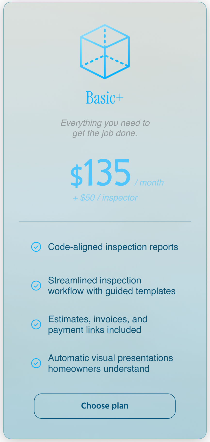 Pricing card for Basic+ plan: $135/month, features include code-aligned inspection reports and automated presentations.