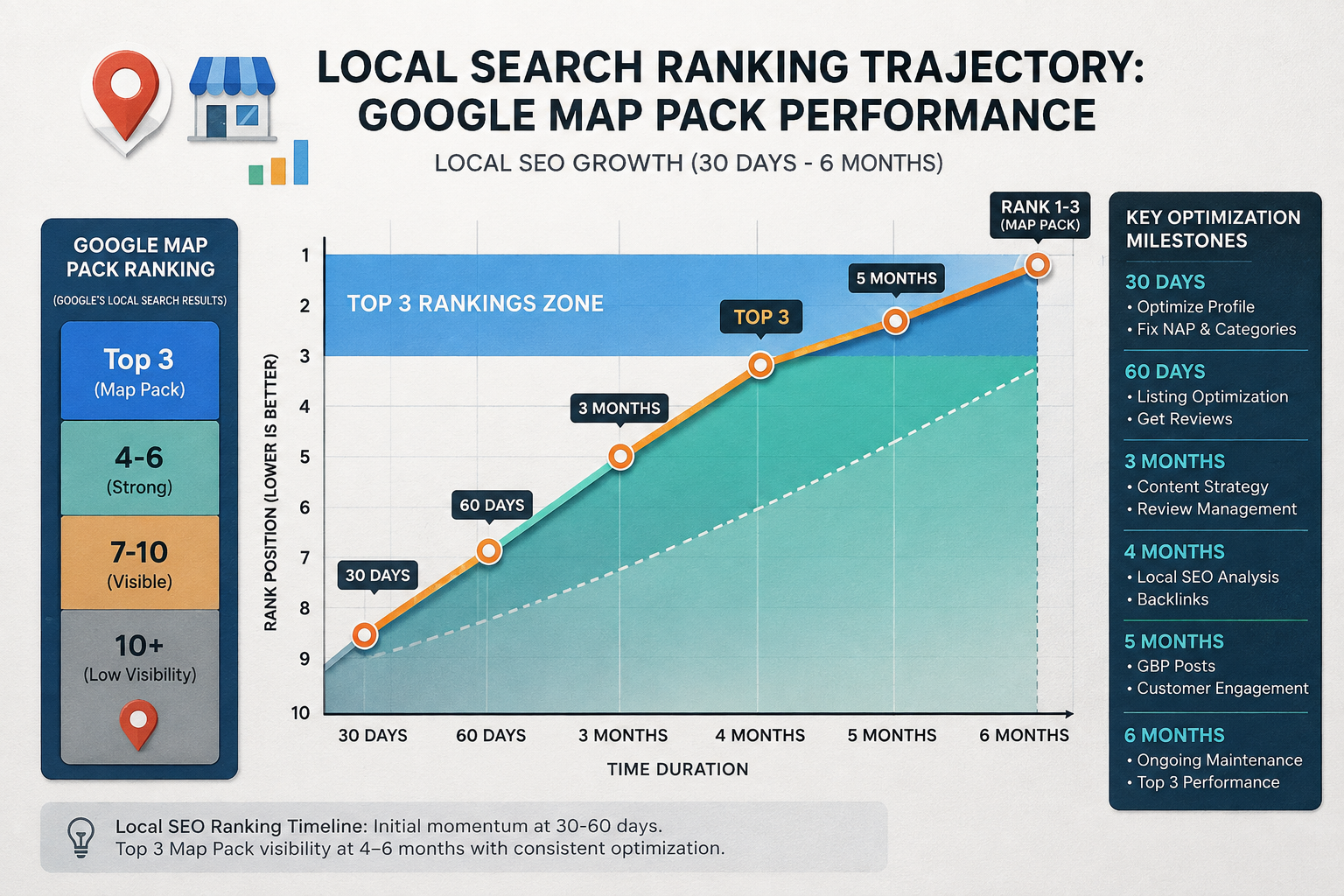 Google Map Pack Ranking Timeline Google Map Pack ranking timeline showing how businesses in Houston, Texas can improve local SEO rankings from 30 days to 6 months through Google Business Profile optimization and consistent local SEO.