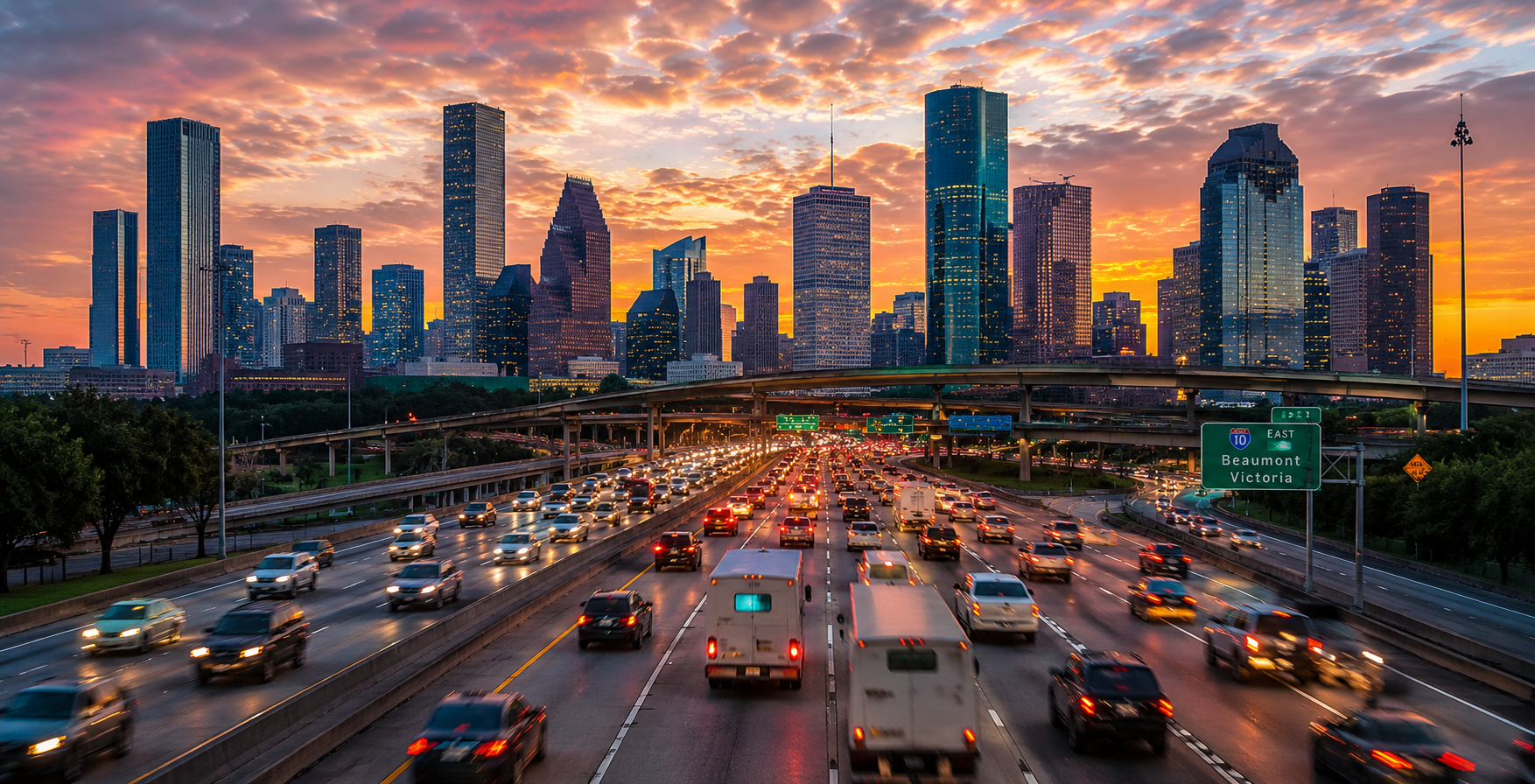 Downtown skyline at sunset above busy multi-lane freeway traffic under dramatic orange clouds