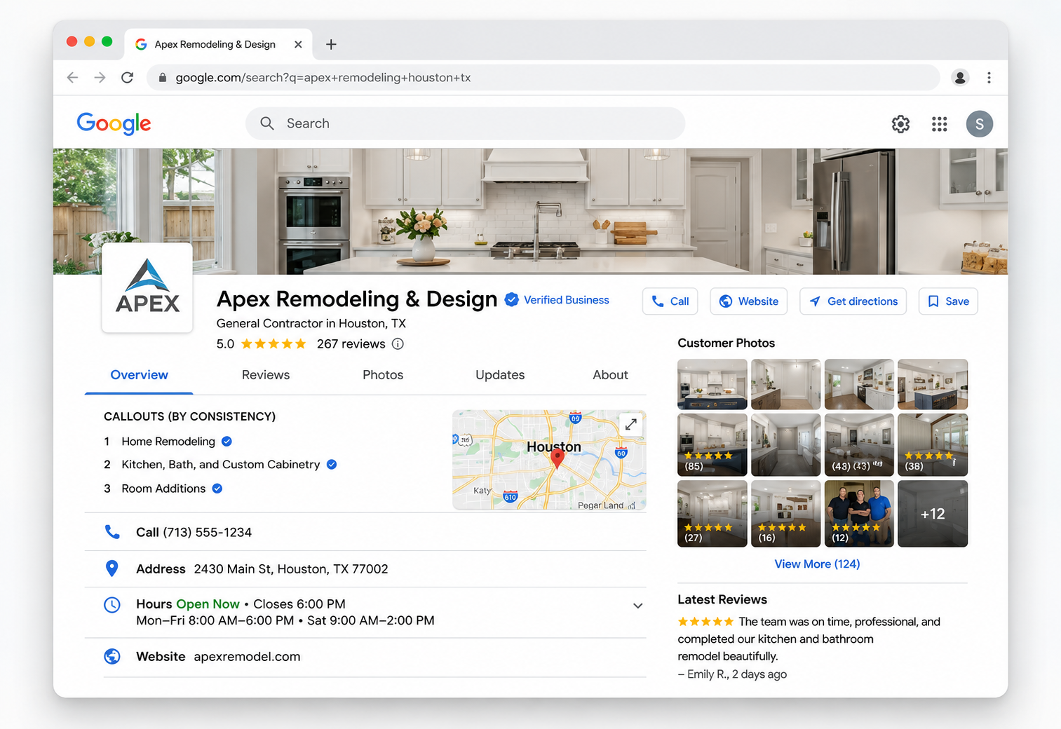 Google Business Profile Optimization for Houston Local SEO Optimized Google Business Profile for a Houston remodeling contractor showing business information, customer reviews, photos, and local SEO signals that improve Google Map Pack rankings.