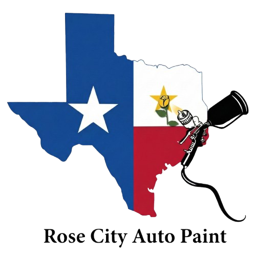 Texas map logo with paint sprayer; blue, white, red, yellow. "Rose City Auto Paint" below.
