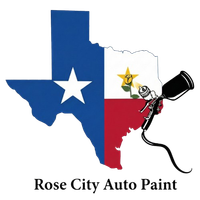 Texas map logo with paint sprayer; blue, white, red, yellow. "Rose City Auto Paint" below.