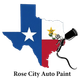 Texas map logo with paint sprayer; blue, white, red, yellow. "Rose City Auto Paint" below.