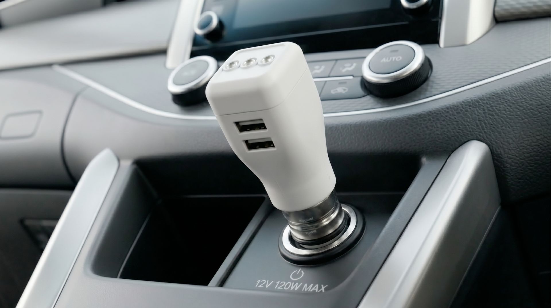 White dual-USB car charger plugged into a vehicle console power socket