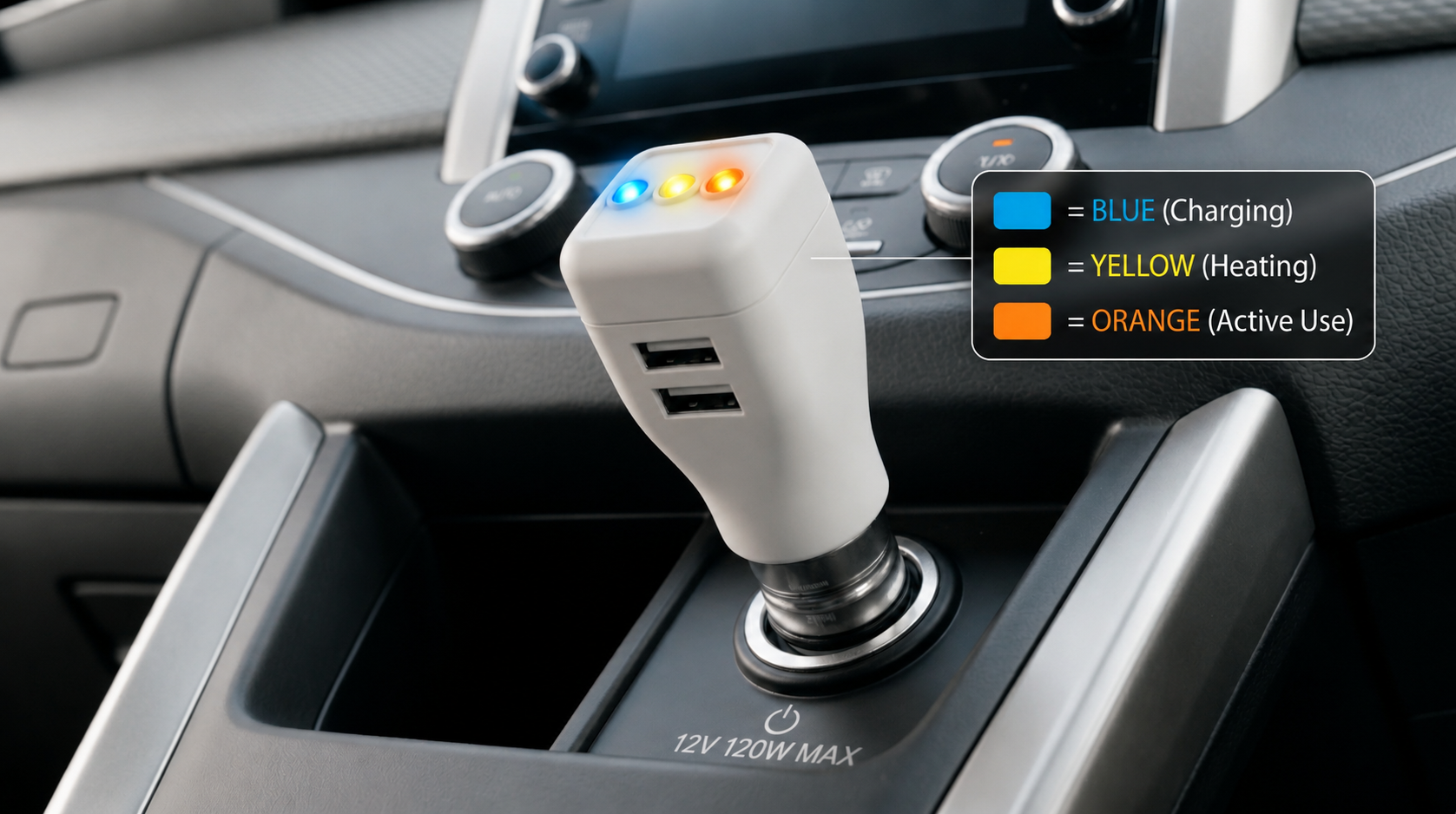 Close-up of a gray car gear shift with a colorful gear pattern overlay on the dashboard console