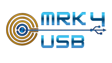 MRK4 USB logo with blue text, gold circular target, and USB symbol