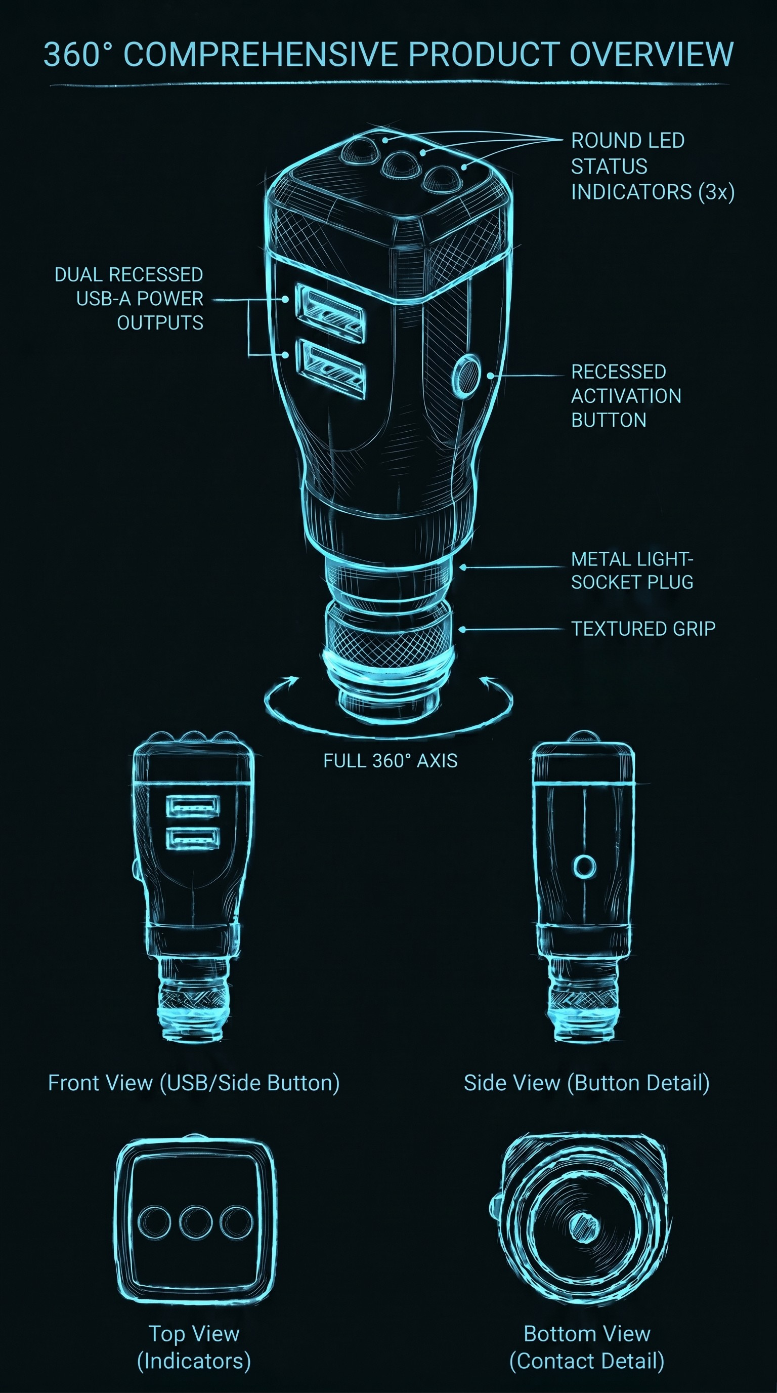 Technical diagram of a black cylindrical product with labeled parts and multiple views on a dark background