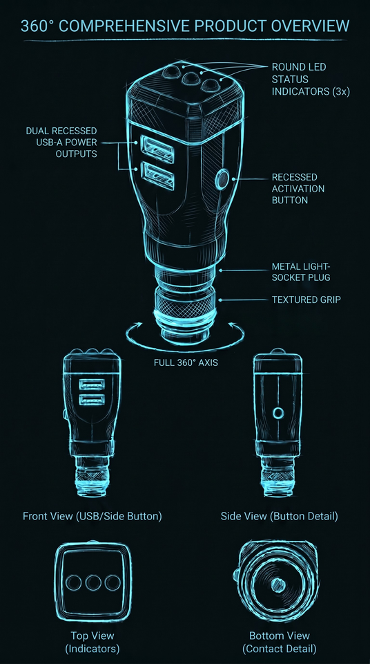 Technical diagram of a black cylindrical product with labeled parts and multiple views on a dark background