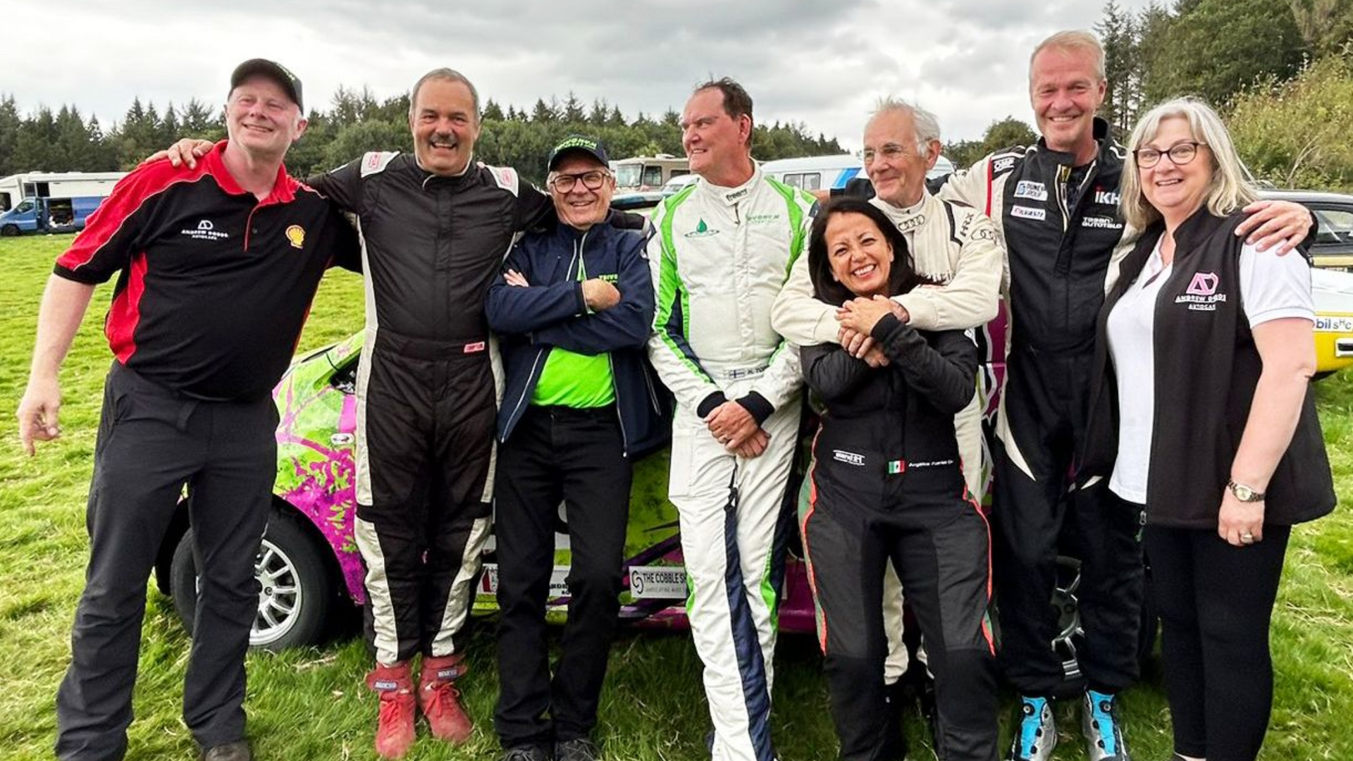 Andrew Dodds and CarolAnne Dodds with 6 famous rally car drivers