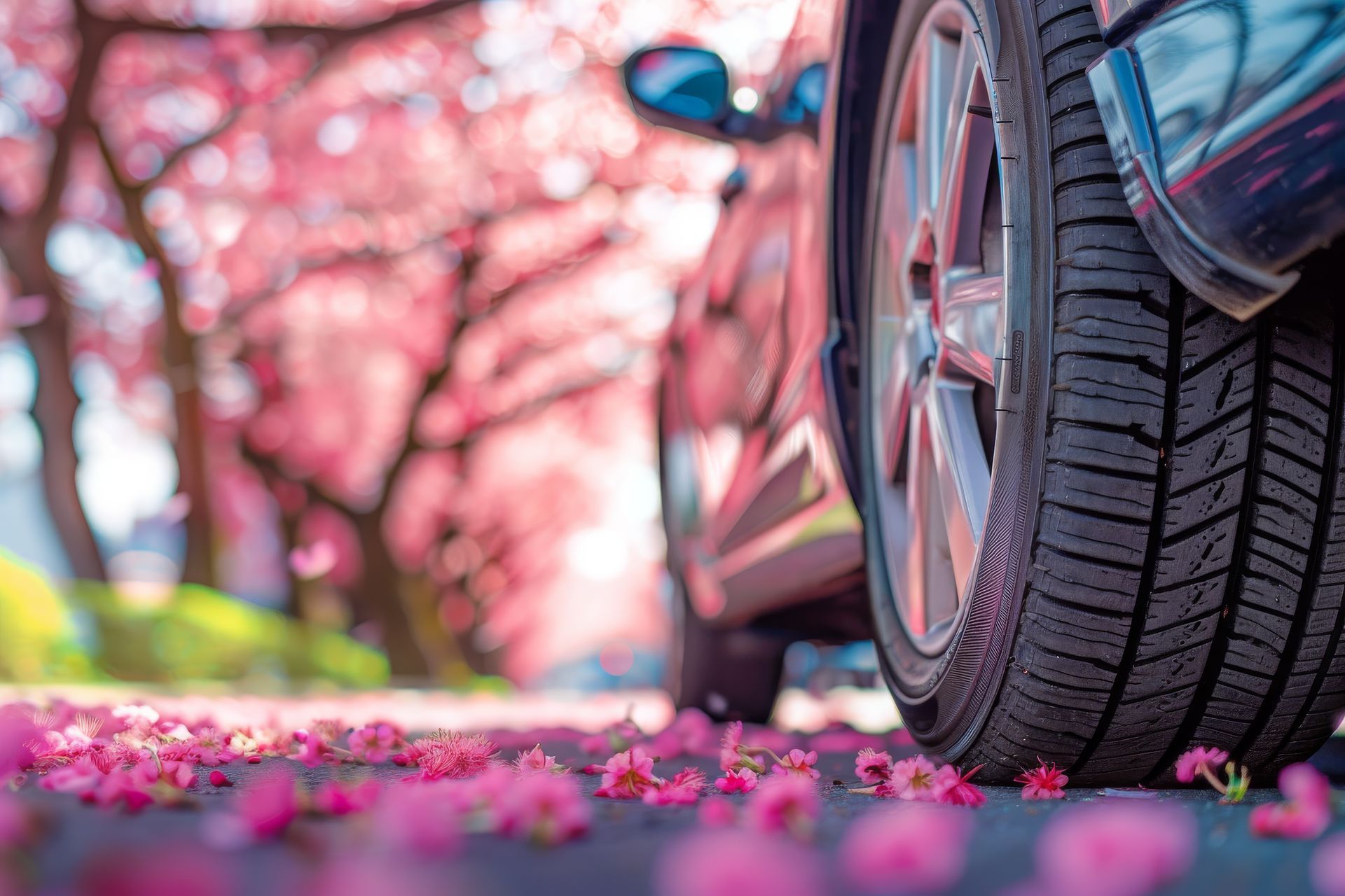 a car parked amongst spring flowers