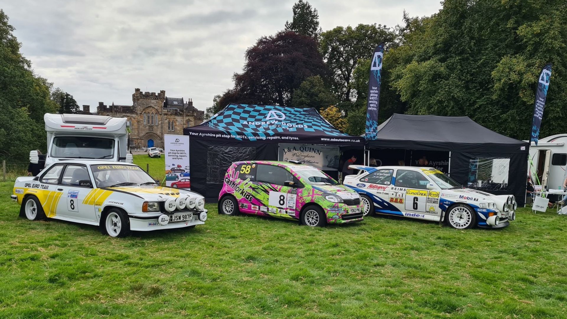 Andrew Dodds Autocare tent and cars at the Lombard Rally Festival at Craufurdland