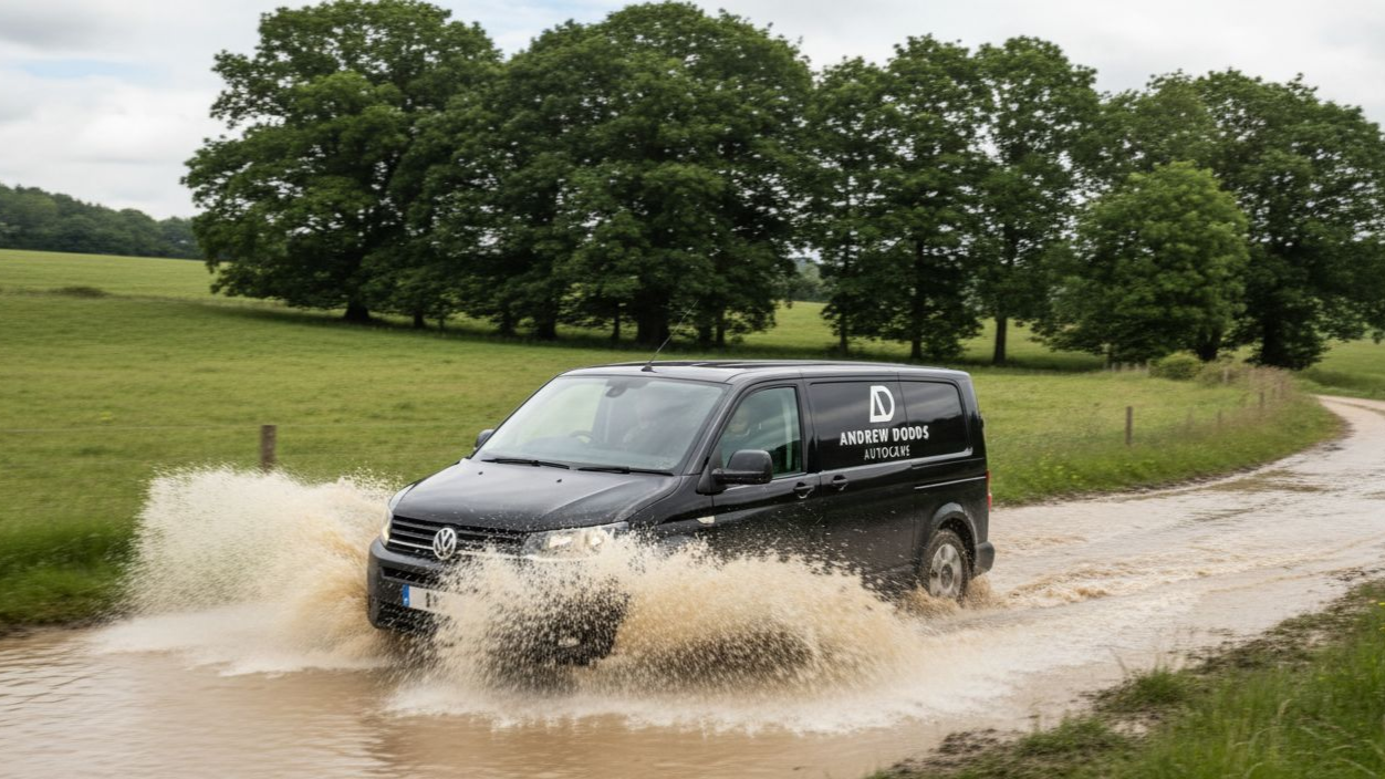 A black van with Andrew Dodds Autocare logo drives safely in wet weather