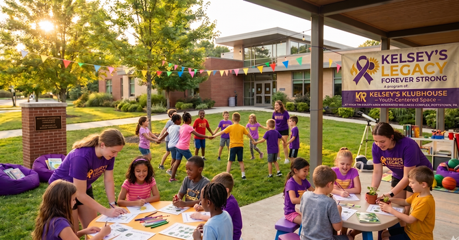 Children participating in outdoor activities at a Kelsey's Klubhouse community event