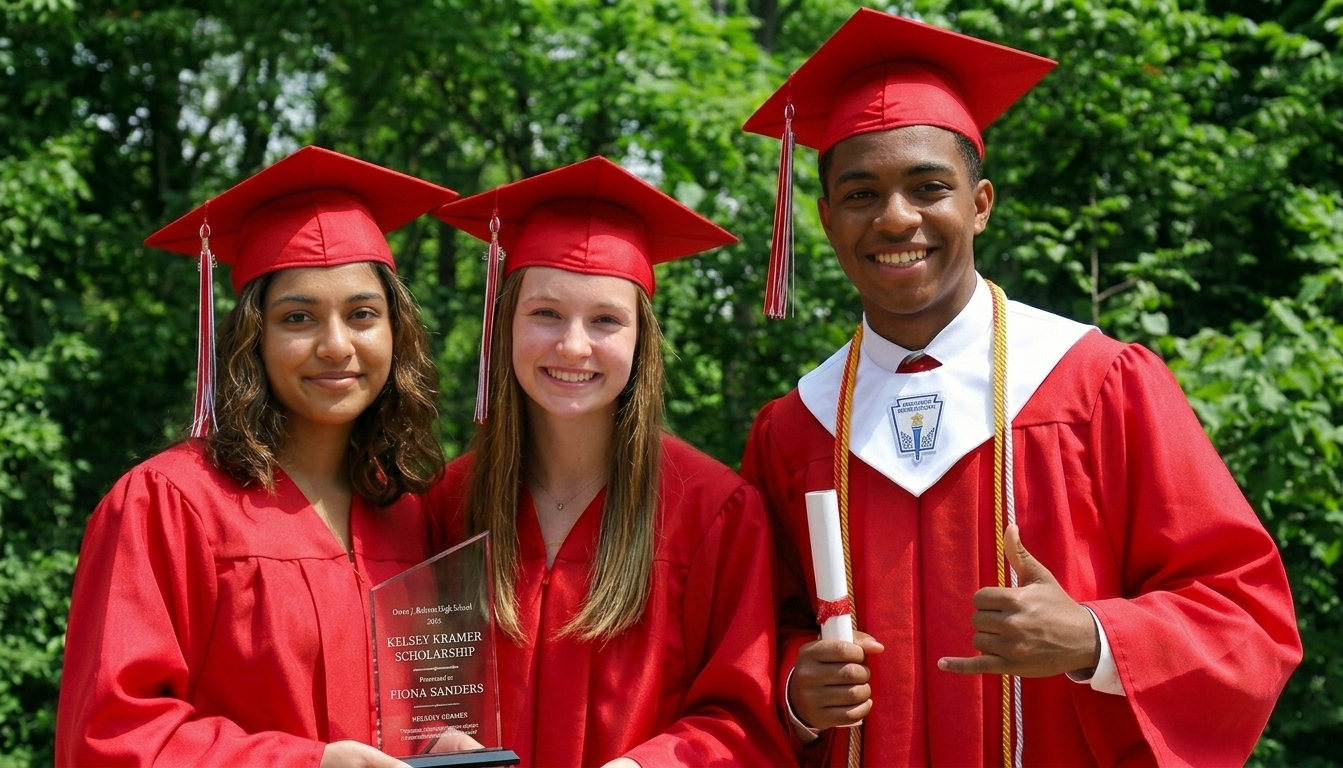 High resolution photo needed Three Kelsey's Legacy Foundation scholarship recipients in graduation caps and gowns at Owen J. Roberts High School