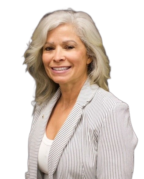 Smiling woman in a striped blazer against a white background