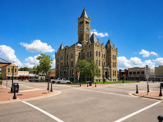Downtown cityscape with historic buildings, a church steeple, and parking lot under a partly cloudy sky